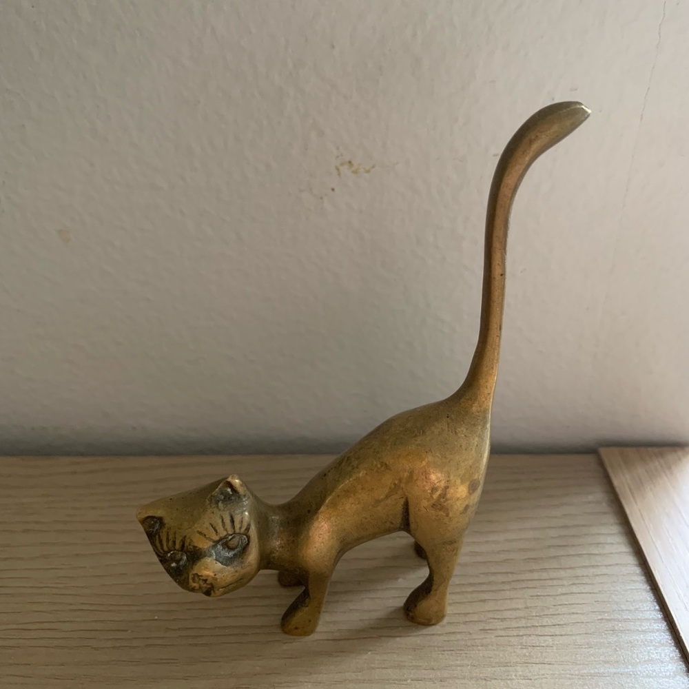 Vintage Brass Cat Figurine Ring Holder Midcentury Classic Timeless